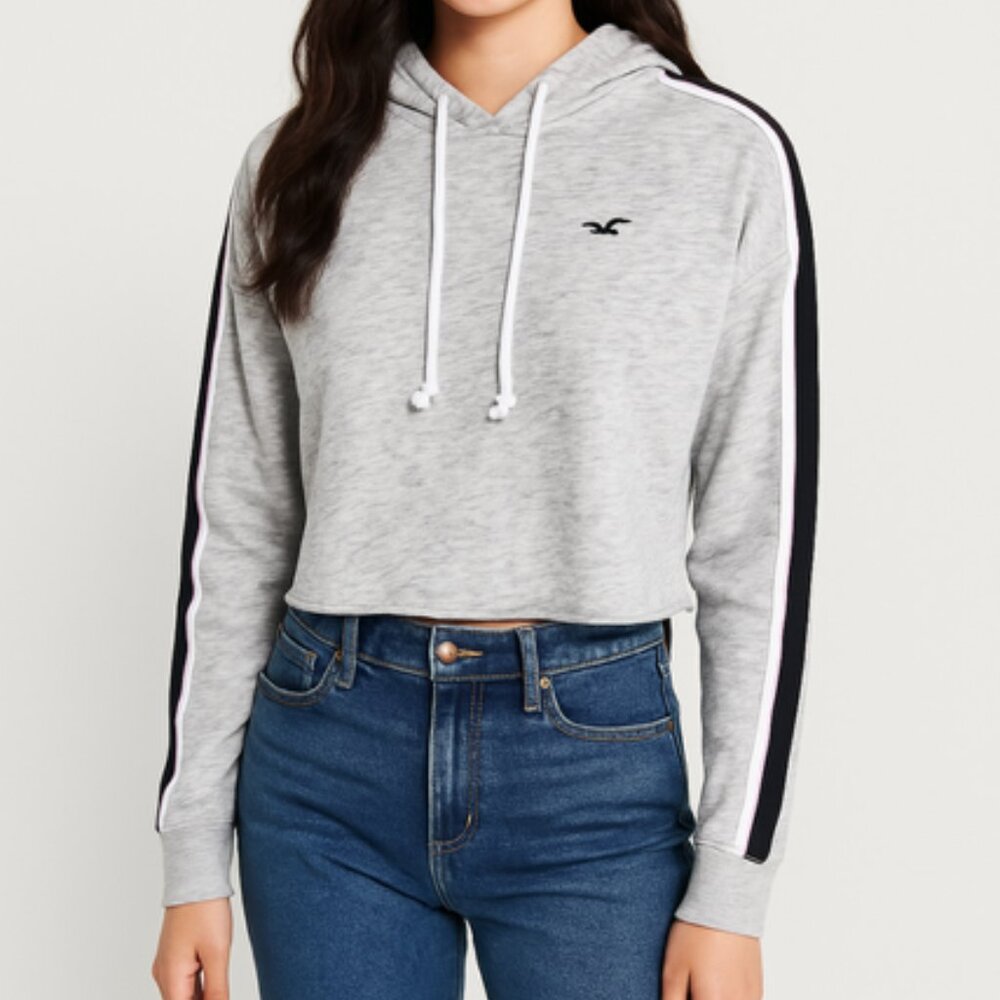Hollister Gray Cropped Hoodie Sweatshirt M Stripe Sleeve Pullover Logo